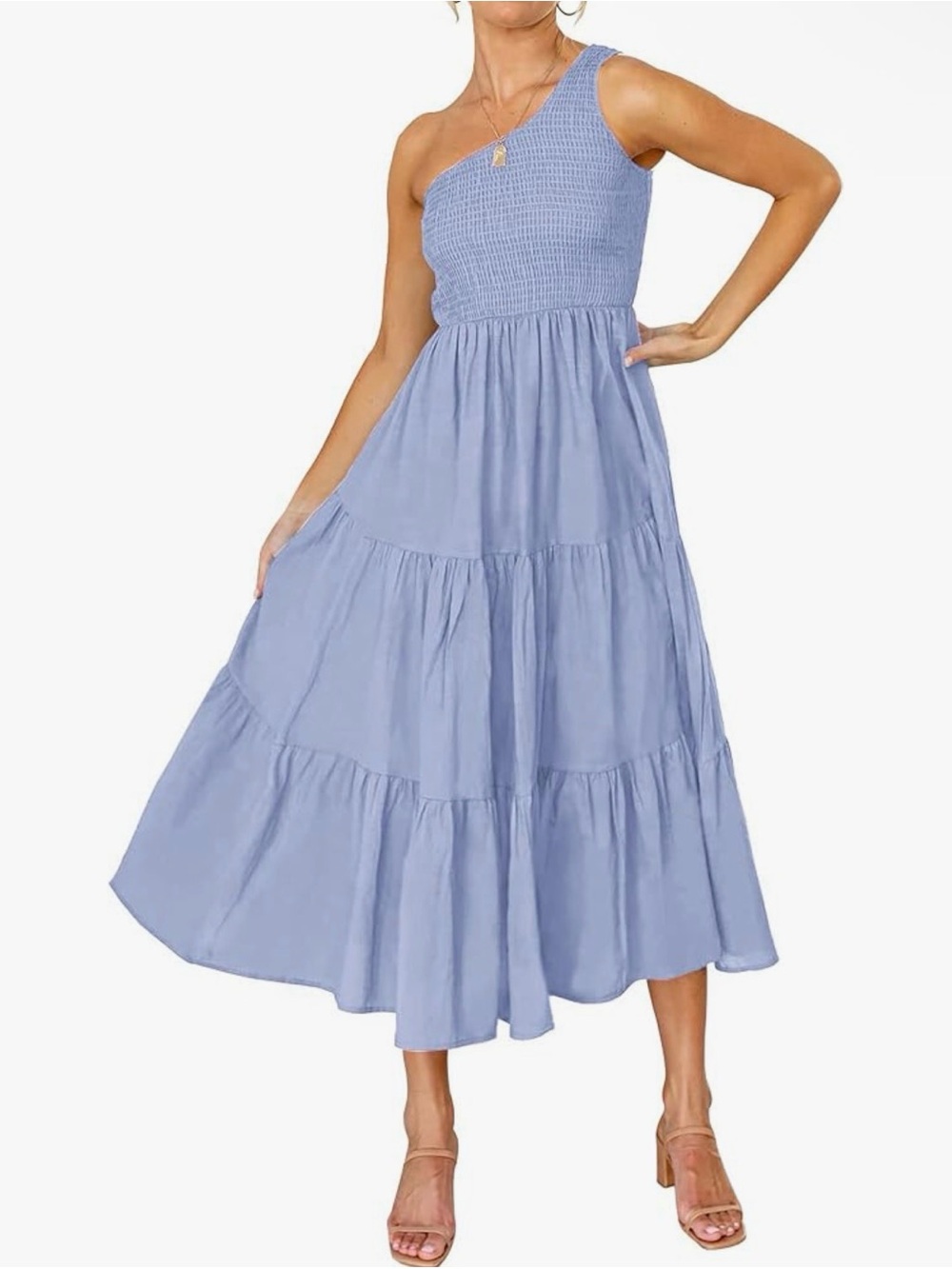 Amazon One-Shoulder Smocked Tiered Midi Dress - Periwinkle Blue
